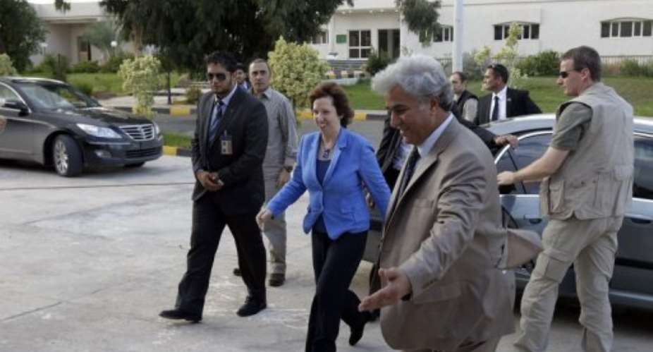 European Union foreign policy chief Catherine Ashton arrives in Libya.  By Joseph Eid AFPFile