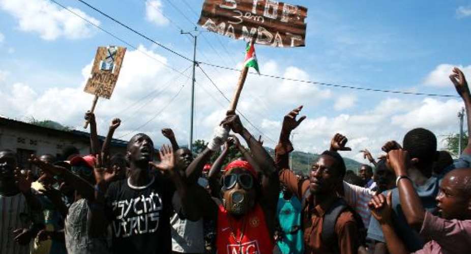 Demonstrators protest against President Pierre Nkurunziza's bid for a third term in Musaga, a district of Bujumbura, on May 11, 2015.  By Landry Nshimye AFP