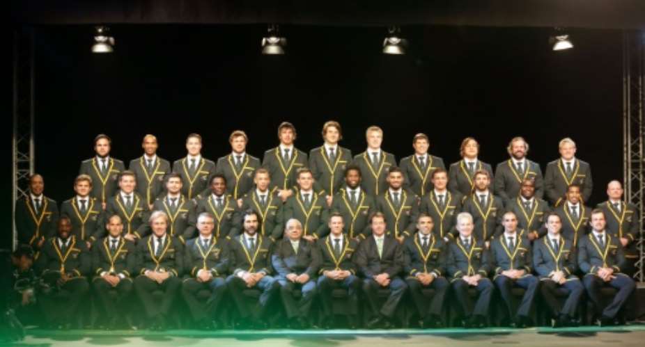 The South African Springbok rugby team poses during the 2015 South Africa Rugby World Cup Squad announcement and press conference at the Beverly Hills Hotel, in Durban, on August 28, 2015.  By Rajesh Jantilal AFP