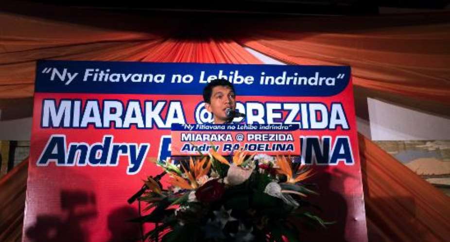 Andry Rajoelina, founder and president of the Mapar party, speaks at a press conference in Antananarivo on Febuary 21, 2014.  By Bilal Tarabey AFPFile
