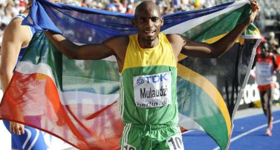 South Africa's Mbulaeni Mulaudzi celebrates winning the men's 800m final race of the 2009 IAAF Athletics World Championships on August 23, 2009 in Berlin.  By Fabrice Coffrini AFPFile