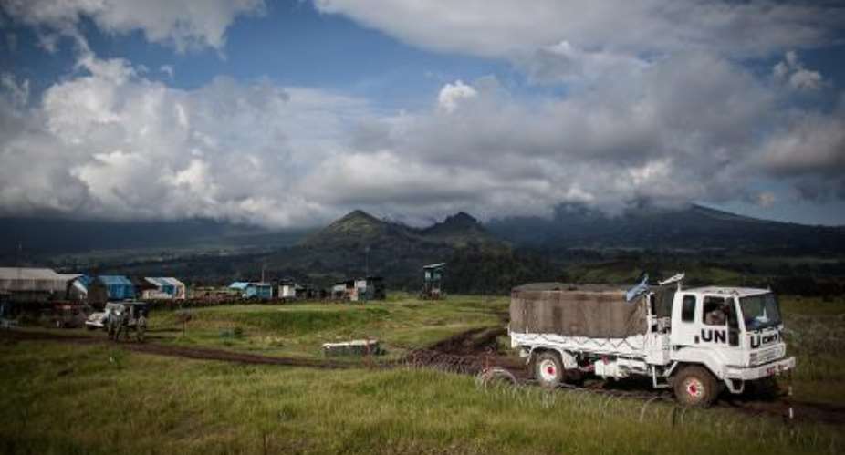A UN truck is seen at the MONUSCO base near Kibumba village, North Kivu, on April 23, 2015.  By Federico Scoppa AFPFile