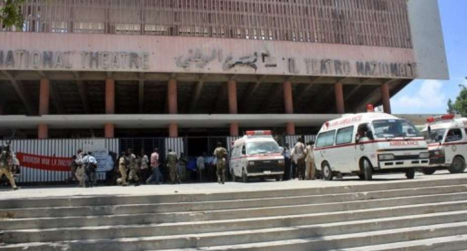 Ambulances outside the theatre after the bombing.  By Abdurashid Abdulle AFPFIle