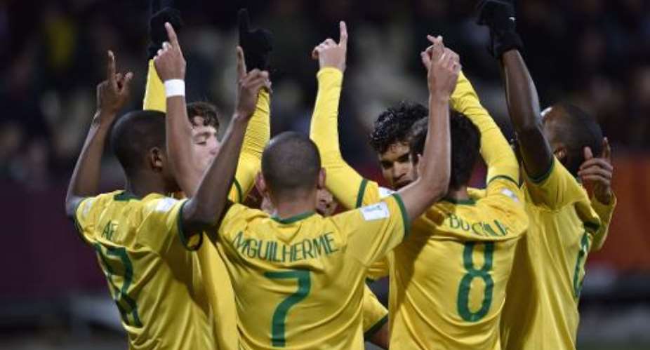 Brazil celebrate a goal during the FIFA Under-20 World Cup semi-final against Senegal at Christchurch Stadium in New Zealand on June 17, 2015.  By Marty Melville AFP