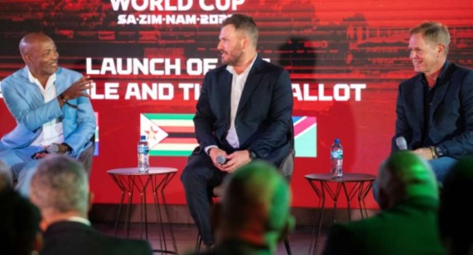 Former cricket greats  West Indies Brian Lara (L), Australian Aaron Finch (C) and South African Shaun Pollock (R) were present for the unveiling of the schedule for the 2027 World Cup.  By RODGER BOSCH (AFP)