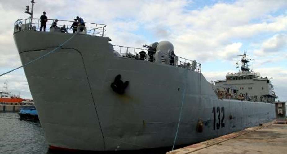 Libyan Navy ship Ibn Auf arrives in the port of Tripoli on January 8, 2014.  By - AFP