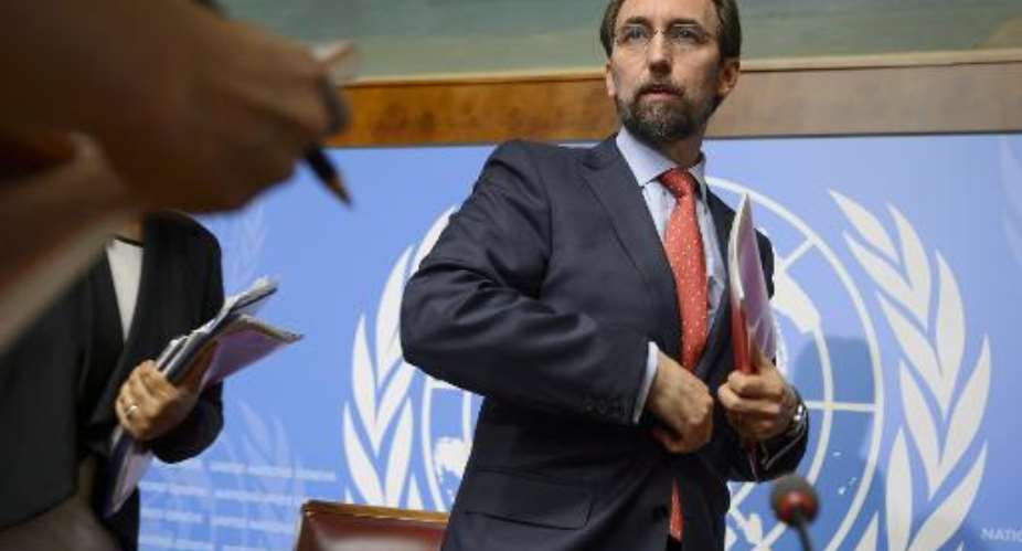 United Nations High Commissioner for Human Rights Zeid Ra'ad Al Hussein looks on after a press conference on May 8, 2015 in Geneva.  By Fabrice Coffrini AFP