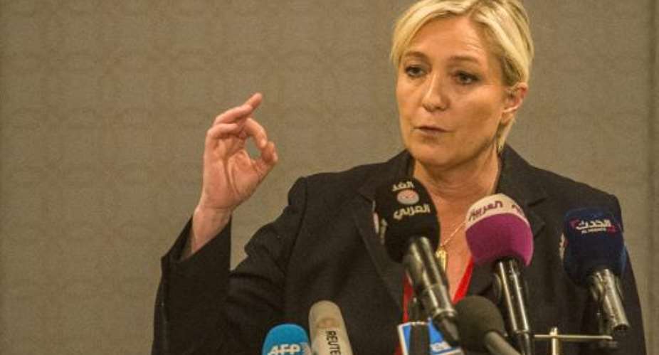 Marine Le Pen, leader of the French far-right Front National party, gives a press conference in Cairo on May 31, 2015.  By Khaled Desouki AFP