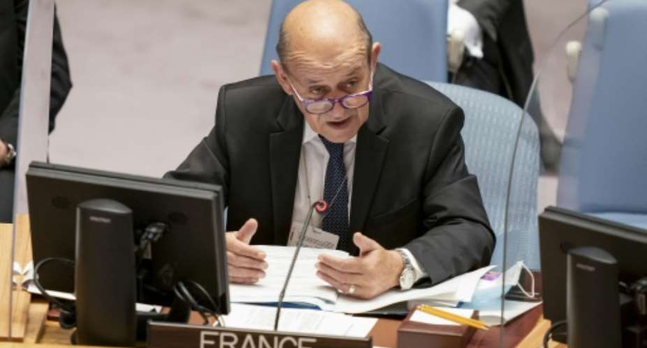 French Foreign Minister Jean-Yves Le Drian speaks during a meeting of the UN Security Council, on September 23, 2021.  By John Minchillo POOLAFP