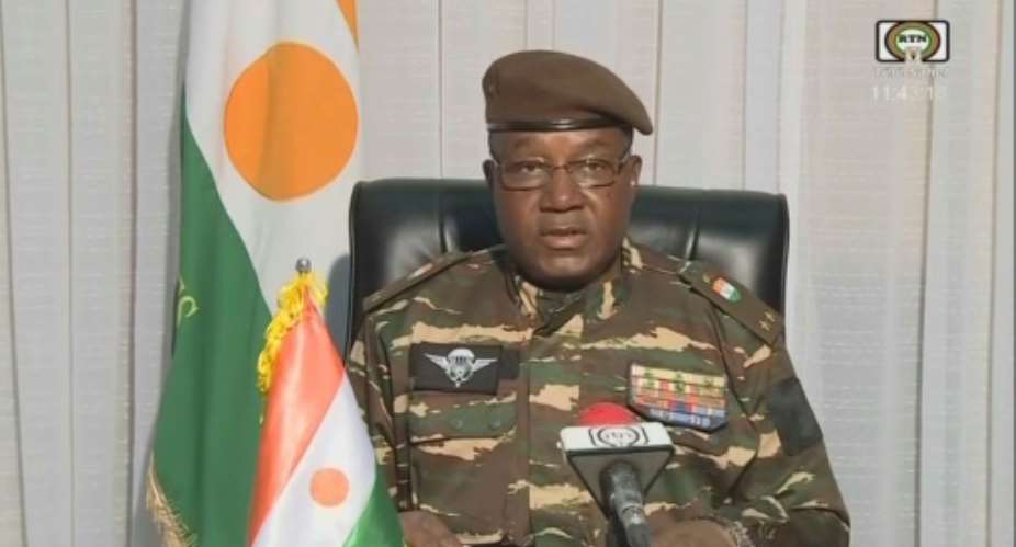 General Abdourahamane Tchiani, Nigers new strongman, addresses the nation.  By - ORTN - Tl SahelAFP