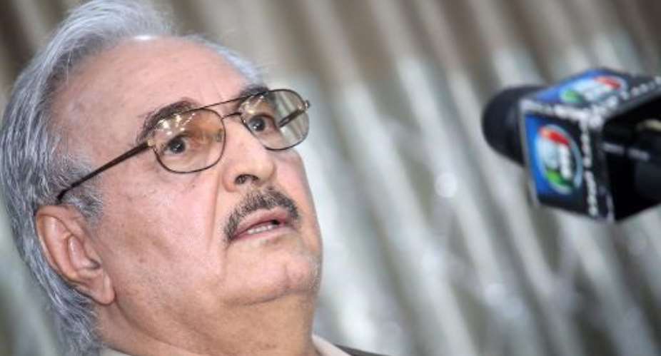 General Khalifa Haftar, pictured here in the town of Abyar, 70 km southwest of Benghazi on May 17, 2014, has been named Libyan army chief.  By  AFPFile
