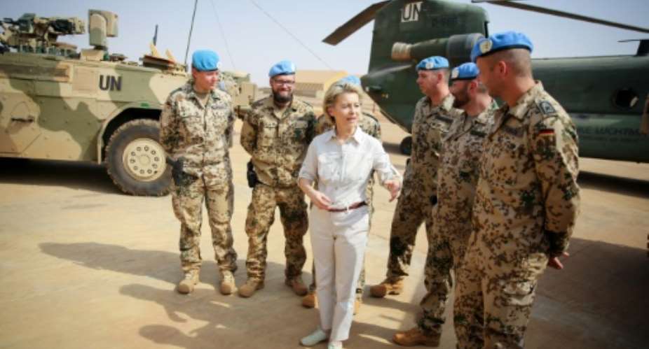 German Defence Minister Ursula von der Leyen visited the German army camp Castor in Gao, northern Mali on December 19, 2016.  By Kay Nietfeld POOLAFPFile