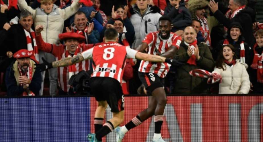 Ghana international Inaki Williams (R) celebrates scoring for Athletic Bilbao against Villarreal in La Liga..  By ANDER GILLENEA (AFP)