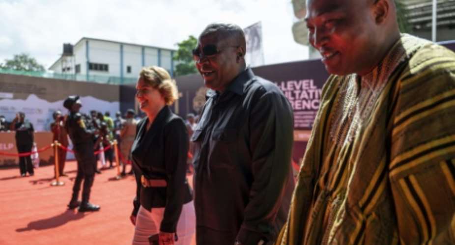 Ghanas President John Dramani Mahama (C) hosted other leaders from around Africa and the Caribbean for a landmark conference on reparations for slavery.  By CLAUDIA LACAVE (AFP)