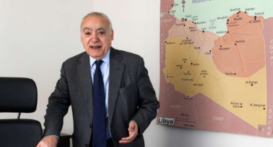 Ghassan Salame, the special representative and head of the United Nations Support Mission in Libya UNSMIL, speaks during an interview with AFP at his office in the Tunisian capital Tunis.  By FETHI BELAID AFP