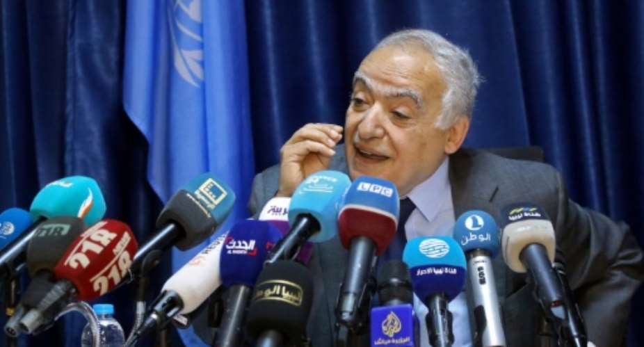 Ghassan Salame, UN special envoy for Libya and head of the UN Support Mission in Libya UNSMIL, speaks during a news conference in the capital Tripoli.  By MAHMUD TURKIA AFP