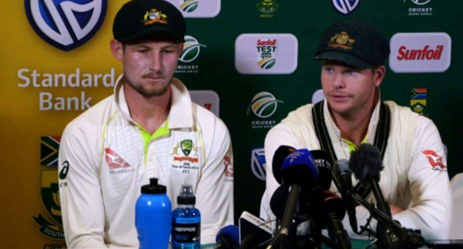 Guilty men: This video grab taken from footage released by AFP TV shows Australia captain Steve Smith right with Cameron Bancroft.  By STR AFP