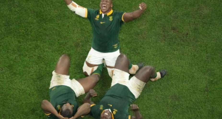 Hooker Bongi Mbonambi (C) celebrates after South Africa beat New Zealand in the 2023 Rugby World Cup final in Paris.  By Antonin THUILLIER (AFP)