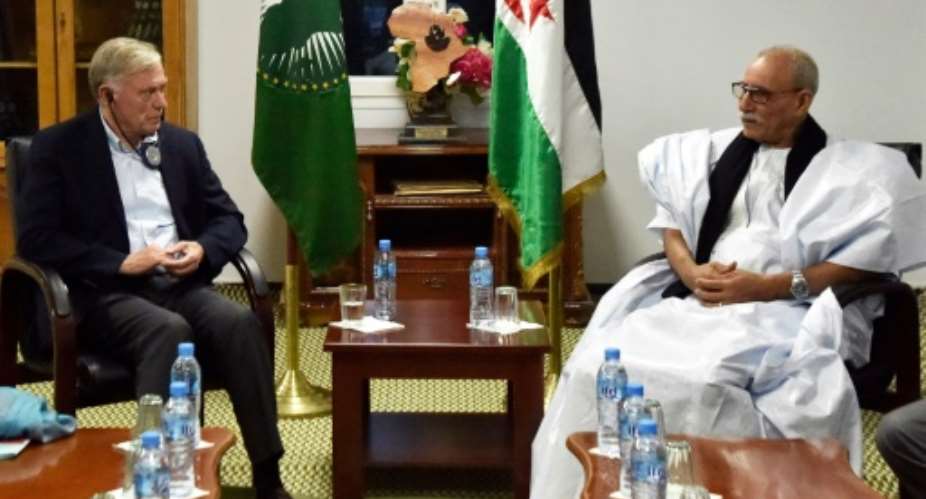 Horst Kohler L, the UN envoy for Western Sahara, in an October meeting with Brahim Ghali R, secretary general of the Algerian-backed Polisario Front which is pushing for an independence referendum in the disputed territory.  By RYAD KRAMDI RYAD KRAMDIAFPFile
