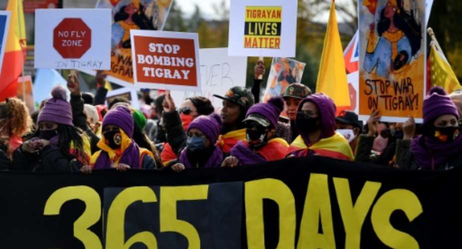 Hundreds of protesters, drawn from the Ethiopian diaspora in the United States, marched in Washington, DC, on November 4, 2021, denouncing 365 days of genocide in Tigray.  By Olivier DOULIERY (AFP)