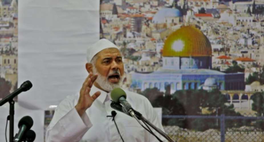 Ismail Haniya, the Head of the Palestinian Islamist movement Hamas, pictured in May 2018, says he has spoken with Egyptian intelligence about a new Egyptian-brokered push for peace.  By MOHAMMED ABED AFPFile