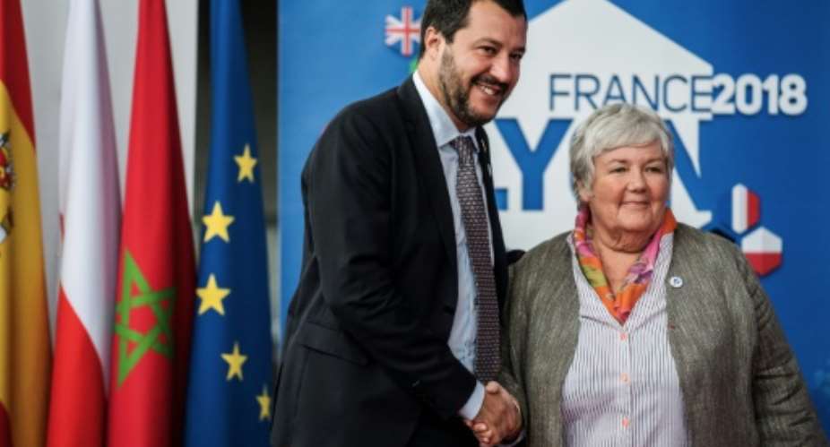 Italian Interior Minister  Matteo Salvini with Jacqueline Gourault, a senior French interior ministry official, in Lyon on Tuesday. All the ministers agreed that economic migrants can't be welcomed in Europe, he said.  By JEFF PACHOUD AFP