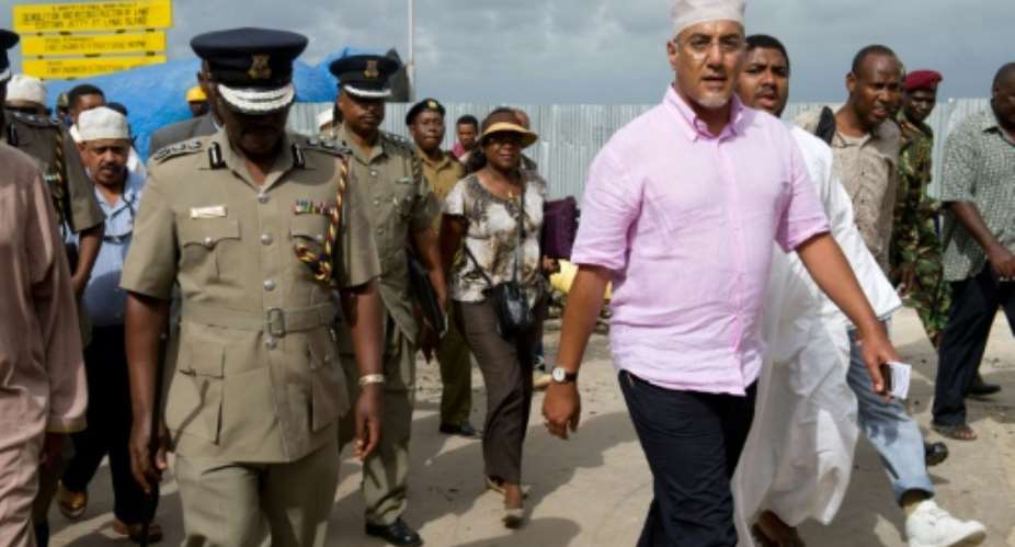 Kenyan tourism minister Najib Balala R, photographed October 3, 2011, said November 29 2015 that he was appalled and horrified by the senseless criminal attack that took the life of Italian doctor Rita Fossaceca November 28.  By Phil Moore AFPFile