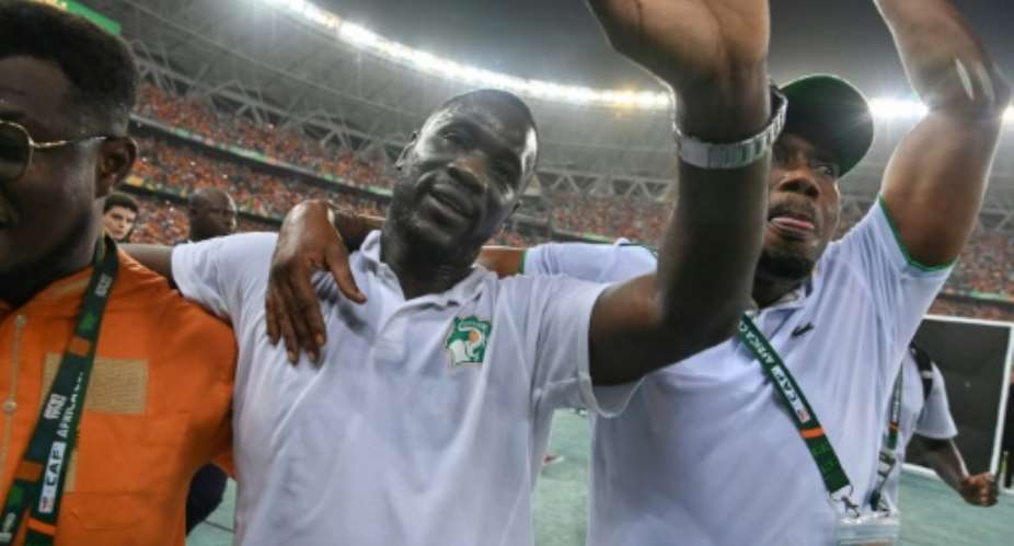 Ivory Coast coach Emerse Fae (C) celebrates after his team beat Nigeria in Sundays Africa Cup of Nations final.  By Issouf SANOGO (AFP)