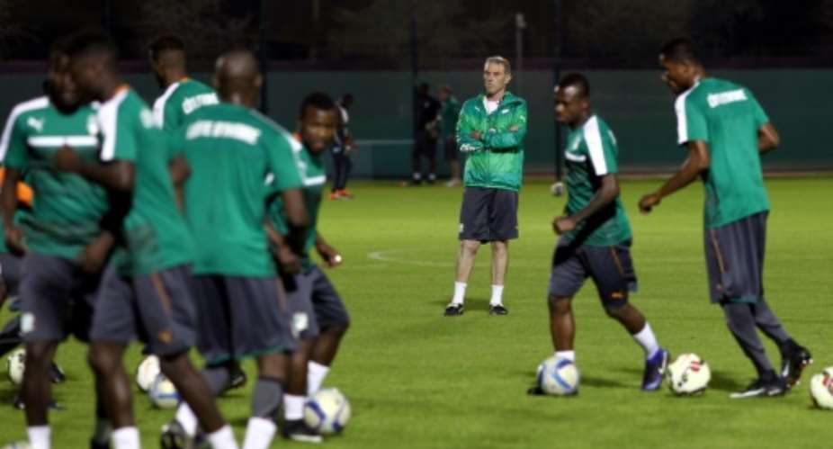 Ivory Coast's head coach Michel Dussuyer attends a training session in Abu Dhabi on January 7, in preparations of the 2017 African Cup of Nations tournament in Gabon.  By Nezar Balout AFPFile