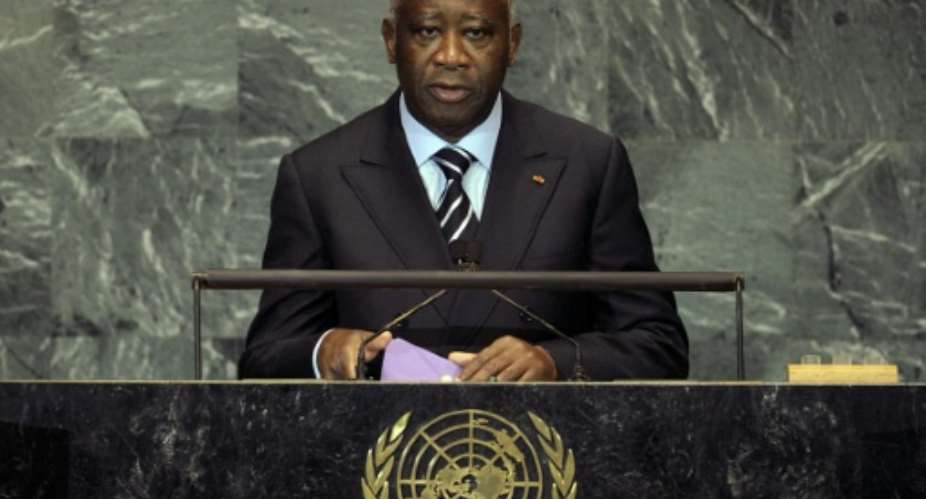 The then Ivory Coast president Laurent Gbagbo addresses the UN General Assembly in New York on September 25, 2009.  By Emmanuel Dunand AFPFile