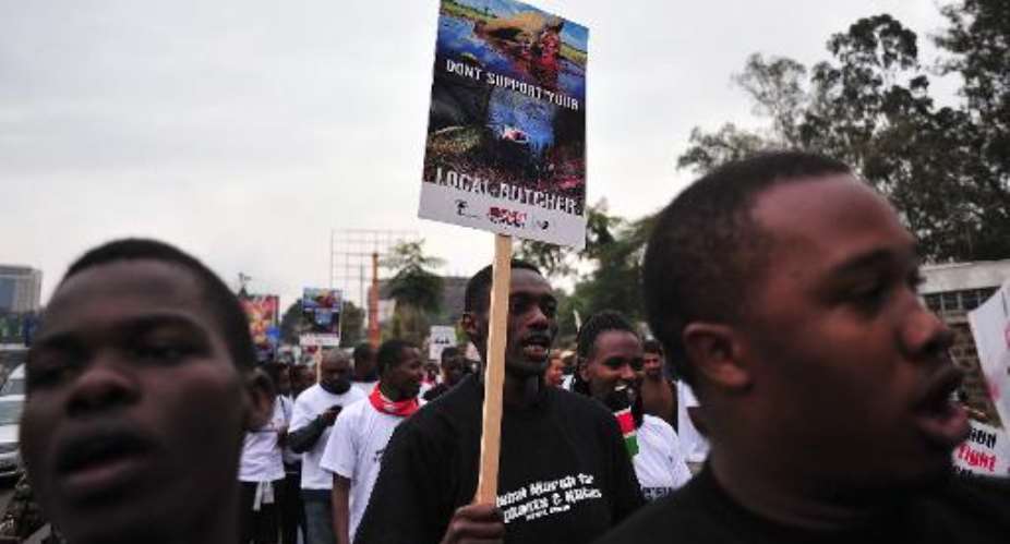 Hundreds of Kenyans join conservationists and activists for a march demanding action to stop soaring rhino and elephant poaching, on October 4, 2014 in Nairobi.  By Simon Maina AFPFile