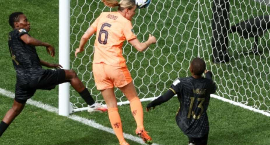 Jill Roord nods in the first Netherlands goal against South Africa in Sydney.  By DAVID GRAY AFP