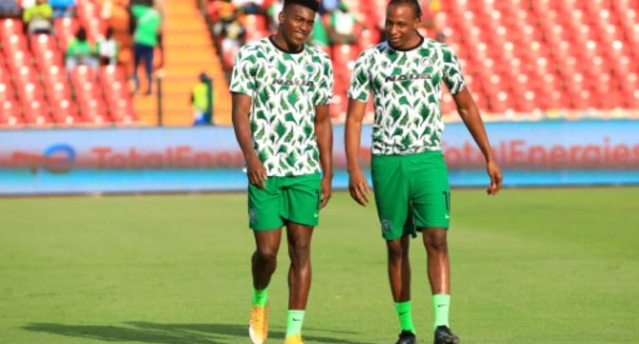 Joe Aribo R with Nigeria teammate Taiwo Awoniyi before the Super Eagles' Africa Cup of Nations game against Sudan.  By Daniel BELOUMOU OLOMO AFPFile