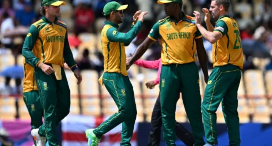 Joy of victory: South Africa celebrate their Super Eights win over England in a T20 World Cup match in St. Lucia.  By Chandan Khanna (AFP)