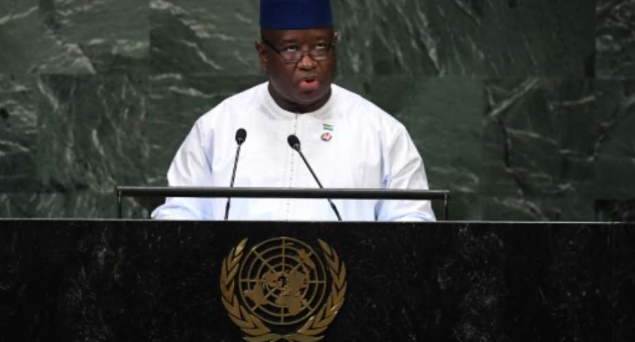 Julius Maada Bio, President of Sierra Leone pictured September 2018, has stopped a scheme launched by his predecessor for a Chinese-built airport, lashing Chinese infrastructure projects generally as a sham.  By TIMOTHY A. CLARY AFPFile