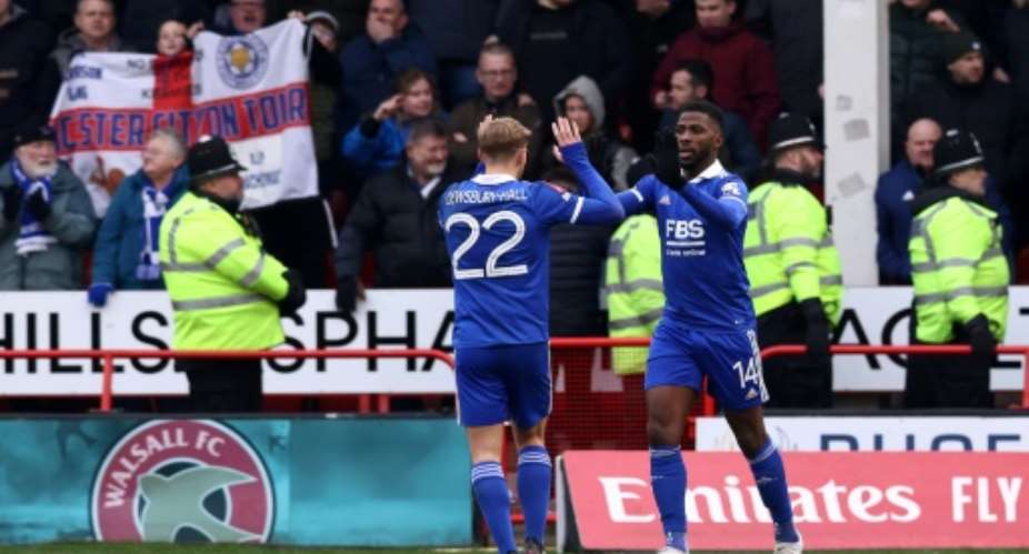 Kelechi Iheanacho R celebrates scoring the  winner for Leicester City at Walsall in an FA Cup tie..  By DARREN STAPLES AFP