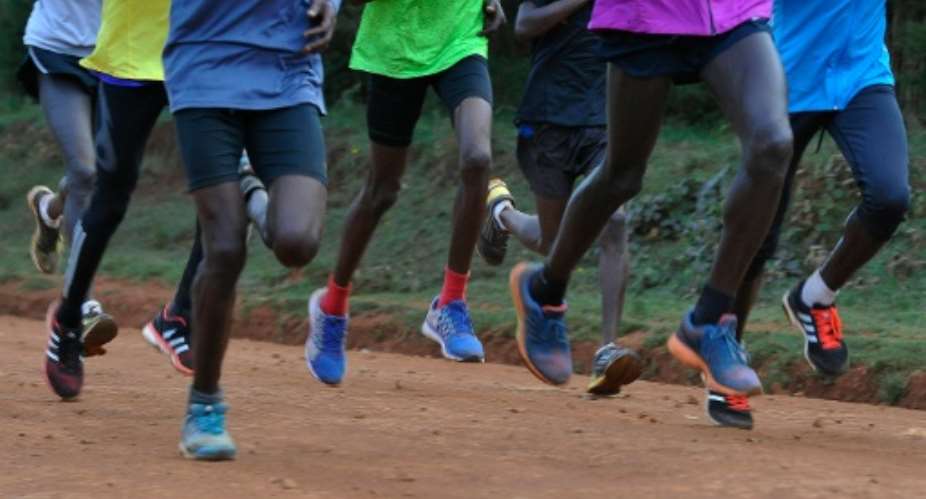 Kenya's 800m world record Olympic champion David Rudisha second right and other Kenyan athletes train in the Rift Valley in January 2016.  By SIMON MAINA AFPFile