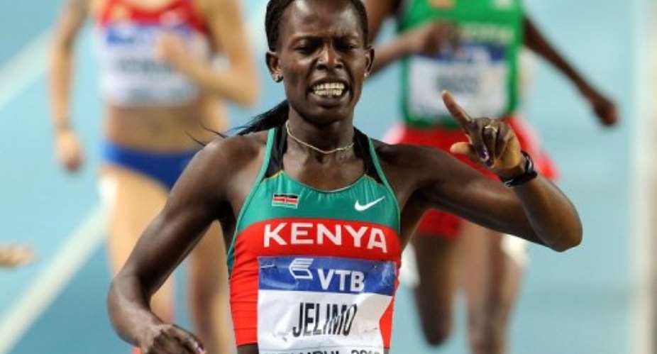 Kenyas Pamela Jelimo celebrates after winning the womens 800m final.  By Gabriel Bouys (AFP/File)