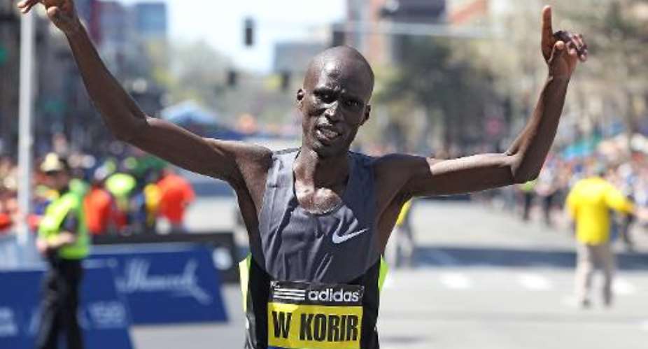 Wesley Korir of Kenya reacts after he won the 116th Boston Marathon in Boston, Massachusetts on April 15, 2012.  By Jim Rogash GettyAFPFile