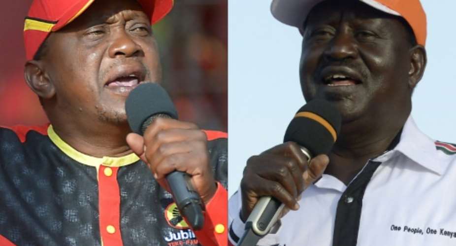 Kenyan President Uhuru Kenyatta, left, and opposition leader Raila Odinga have a family rivalry going back decades.  By TONY KARUMBA, SIMON MAINA AFP