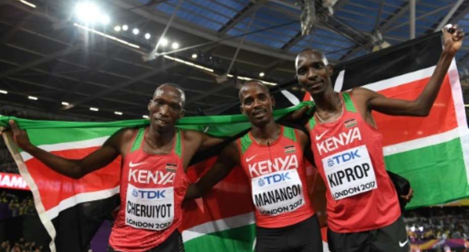 Kenya's 1500m runners celebrate on the track at the 2007 IAAF World Championships in London.  By Kirill KUDRYAVTSEV AFPFile
