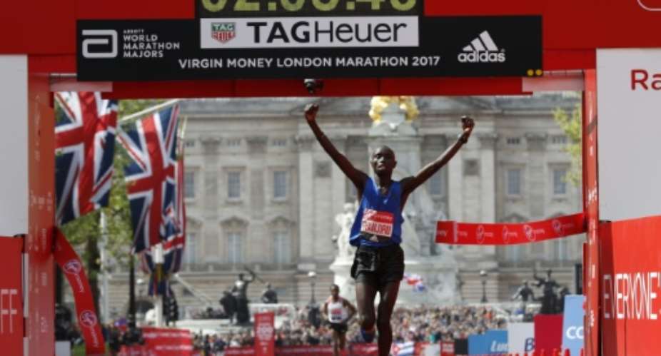 Kenya's Daniel Wanjiru wins the Men's race at the London marathon on April 23, 2017.  By Adrian DENNIS AFP