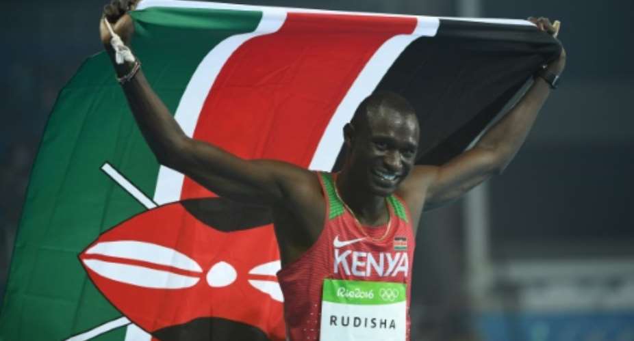 Kenya's David Rudisha, in a file image, celebrates his victory in the men's 800m final during the athletics event at the Rio 2016 Olympic Games at the Olympic Stadium in Rio de Janeiro.  By Johannes EISELE AFPFile
