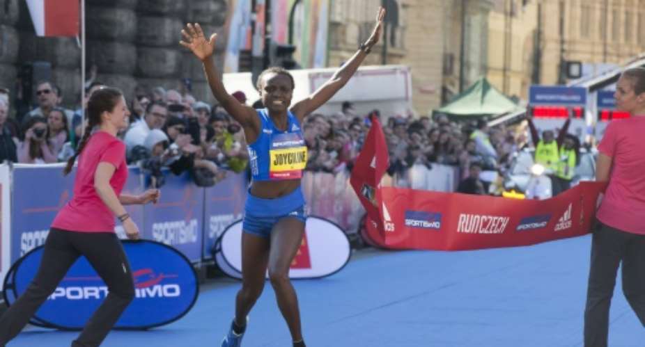 Kenya's Joyciline Jepkosgei L, pictured in April 2017, ran 10 kilometres in 29min 43 sec, breaking her own women's 10k road record.  By MARTIN HYKL AFP