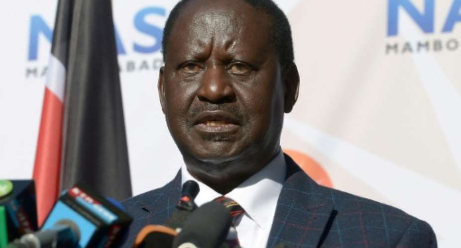 Kenya's opposition leader Raila Odinga gives a press conference on August 16, 2017 at the offices of the National Super Alliance NASA coalition in Nairobi.  By SIMON MAINA AFPFile