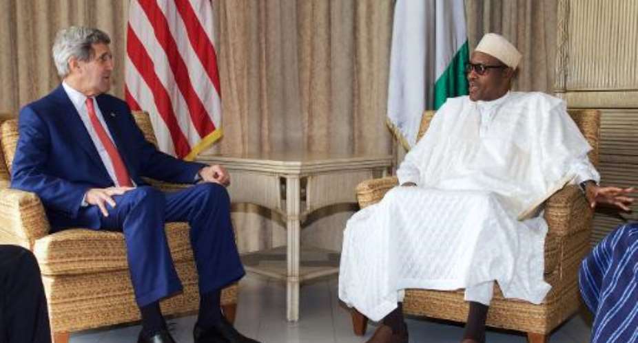John Kerry meets Muhammadu Buhari, at the US Consulate in Lagos on January 25, 2015.  By Akintunde Akinleye poolAFP