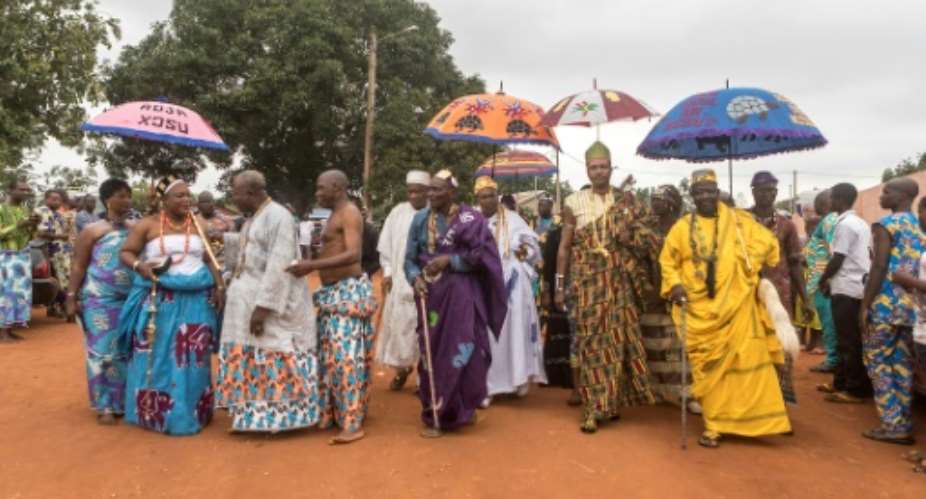 Kings from various districts of Abomey, Benin, arrive for the funeral of Dah Dedjalagni Agoli-Agbo, monarch of the former military kingdom of Dahomey on August 11, 2018.  By YANICK FOLLY AFPFile