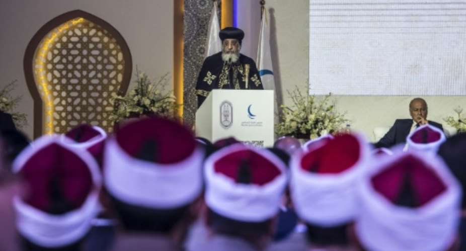 Leader of Egypt's Coptic Church, Pope Tawadros II of Alexandria speaks at the Freedom and Citizenship conference in Cairo, on February 28, 2017.  By Khaled DESOUKI AFP