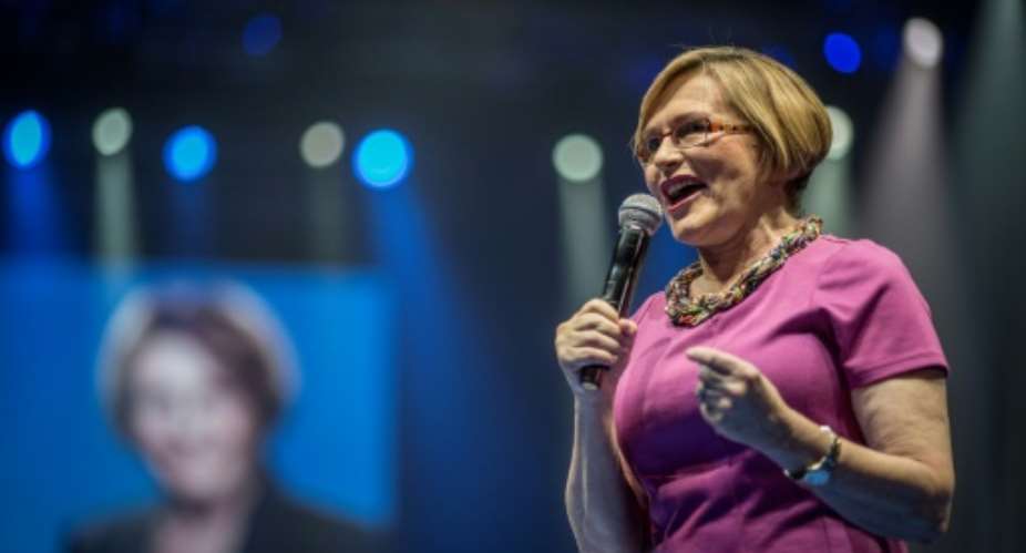 Leader of South Africa's largest opposition party Democratic Alliance DA Helen Zille addresses a campaign rally in Johannesburg on May 3, 2014.  By MARCO LONGARI AFPFile