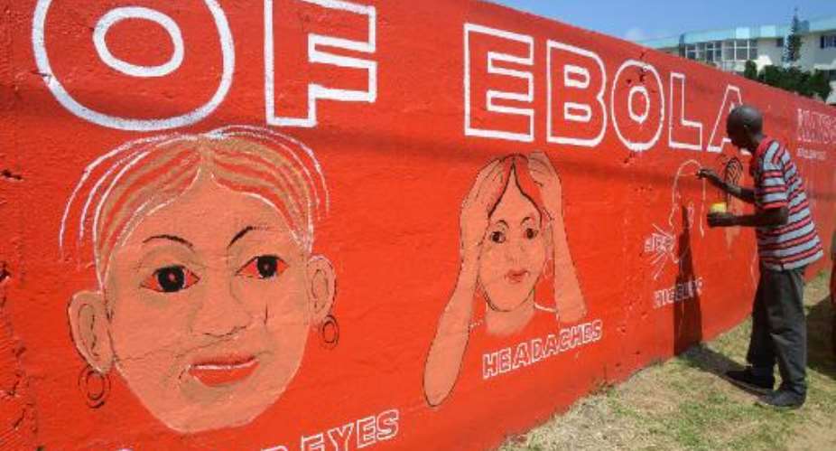 Liberian street artist Stephen Doe paints a mural to inform people about the symptoms of the deadly Ebola virus in Monrovia on September 8, 2014.  By Dominique Faget AFP